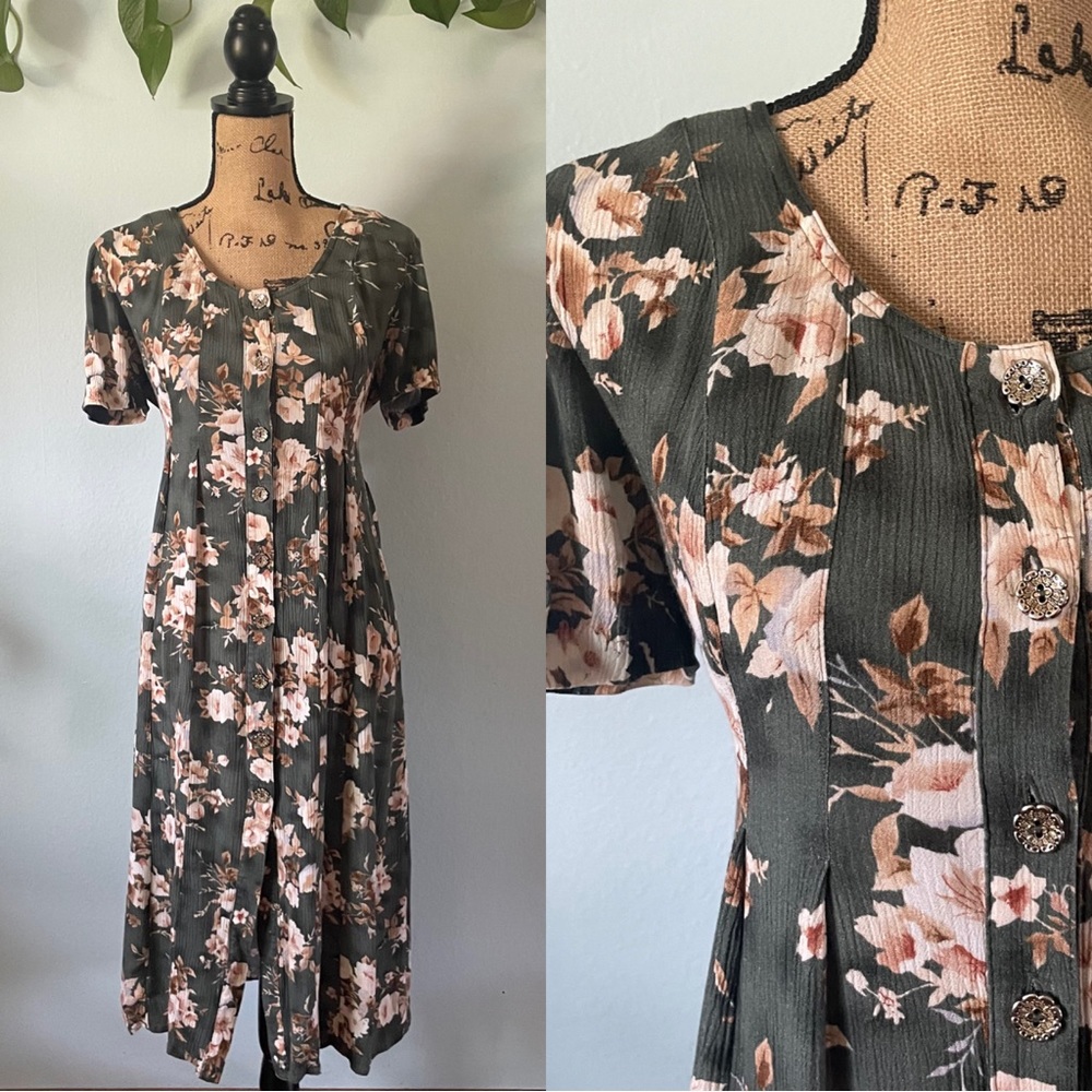 Vintage 90s Sage Green Floral Button Front Baby Doll Shirt Dress With Tie Back